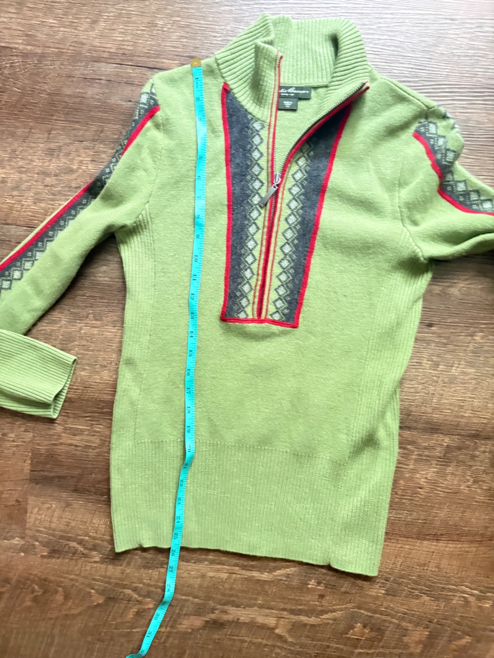 Eddie Bauer Fair Isle Merino Wool half Zip Sweater Green Petite Medium PM EUC - Picture 8 of 13
